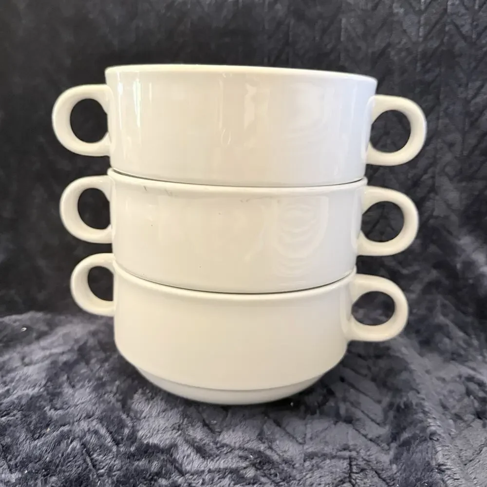 Tognana Italy White Porcelain Soup Bowls Double Handled Stackable Set of 3